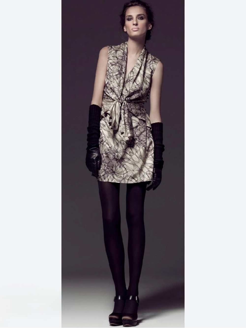 Anthropologie Hoss Intropia Black Tan Silk Wool Patterned Sleeveless Mini Dress